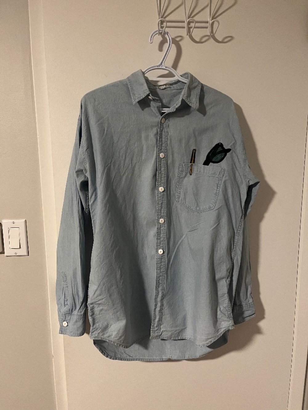 Vintage Chambray Dress Shirt with Embroidered Pocket